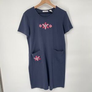 Bonnie Evans VTG Inspired Embroidered T-Shirt Dress Navy Blue Med‎ Grandmacore